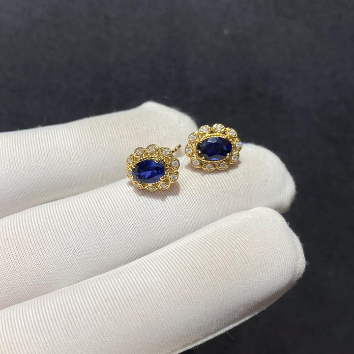 The Blue That Never Fades — Sapphire Halo Diamond Studs · 14K White Gold