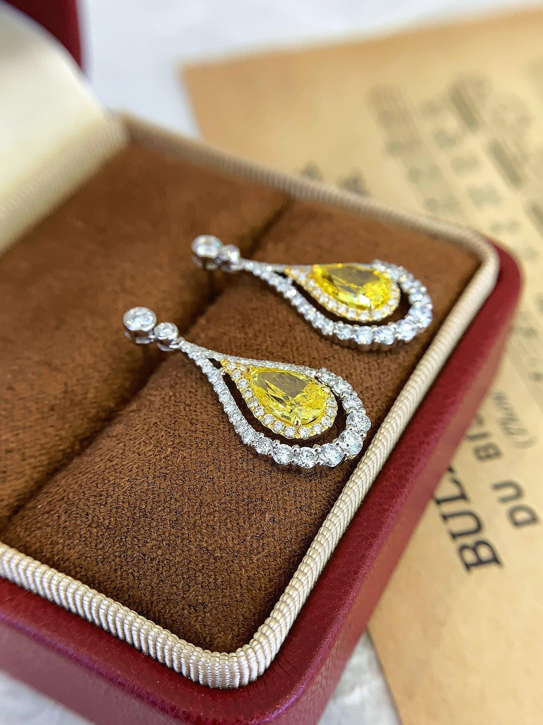 Yellow Drop, Gold Light — Pear Halo Dangle Earrings · Sterling Silver