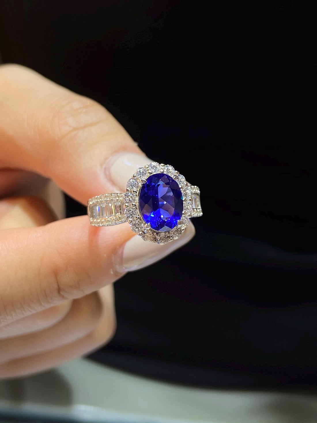 The Royal Blue Proposal — Oval Sapphire Diamond Halo Ring · White Gold