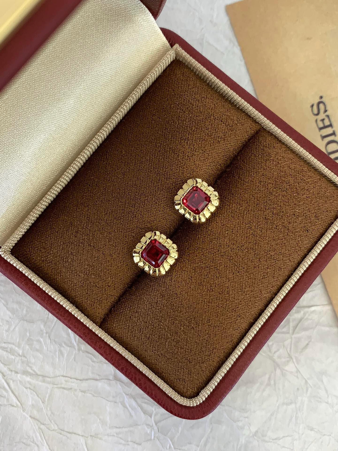 Red, Minimal, Perfect — Cushion Ruby Studs · Gold or Silver