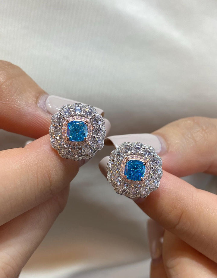 Deep Blue Halo — Cushion Cut Blue Halo Studs · Sterling Silver