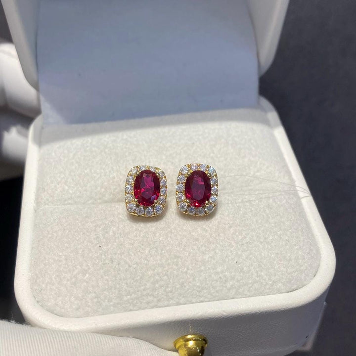 Red and Brilliant — Ruby Diamond Halo Studs · Gold or Silver