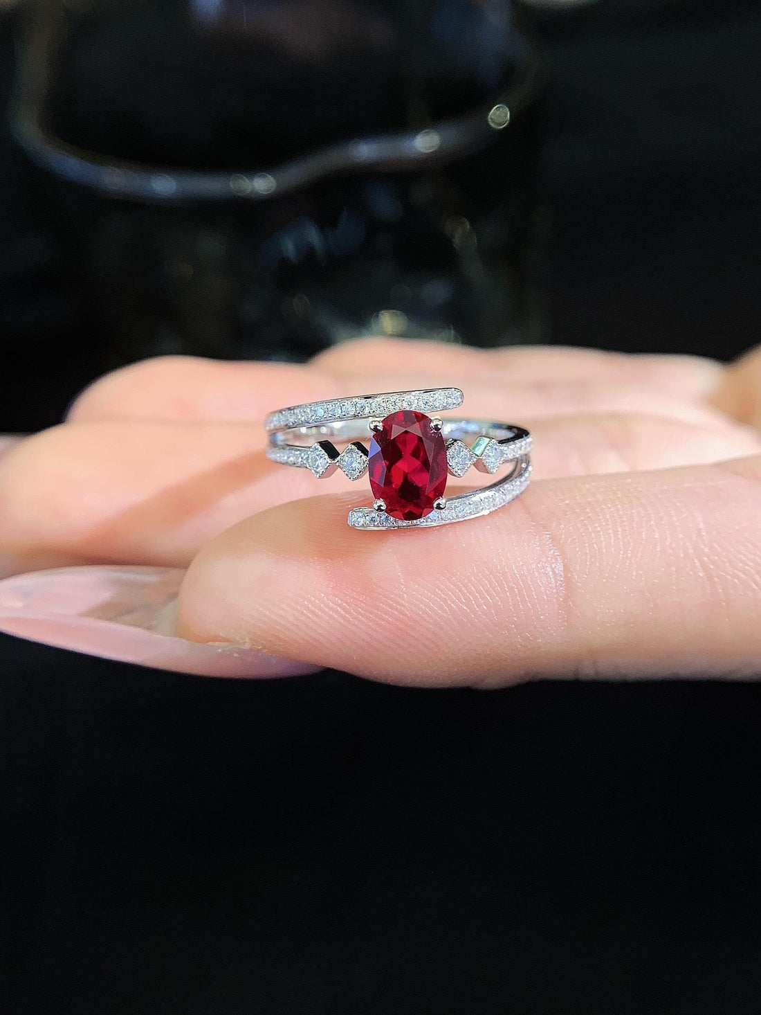 Two Paths, One Stone — Oval Ruby Split Shank Ring · 14K White Gold