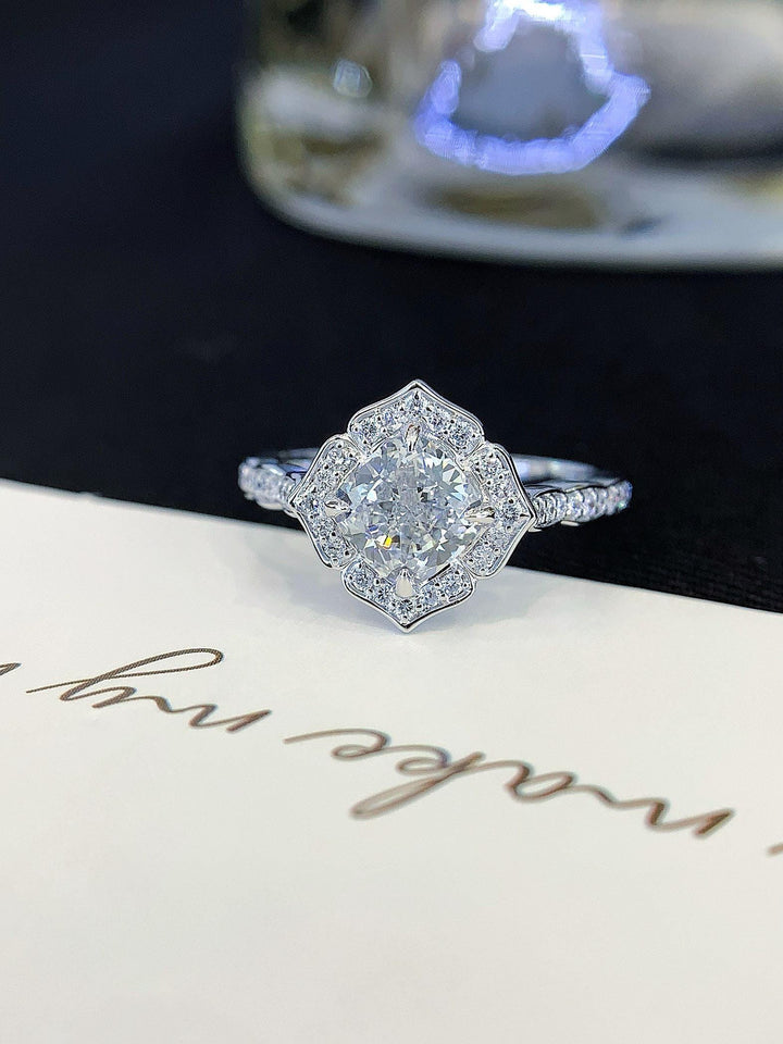Borrowed from a Garden — Cushion Cut Floral Halo Ring · 14K White Gold