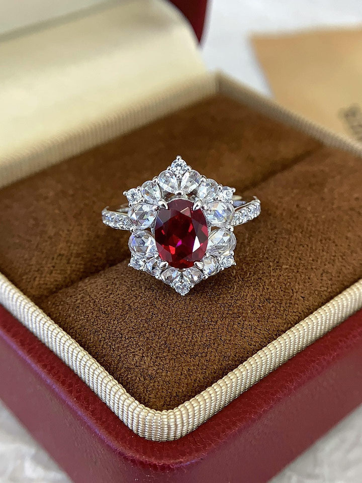 Vintage Red, Modern Love — Oval Ruby Halo Engagement Ring · White Gold