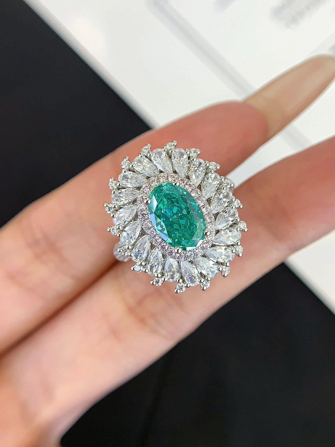 Green with Intention — Oval Emerald Marquise Cluster Ring