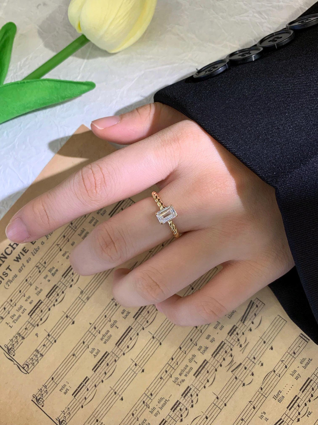 Strength and Sparkle — Emerald Cut Diamond Ring · 14K Yellow Gold Rope Band