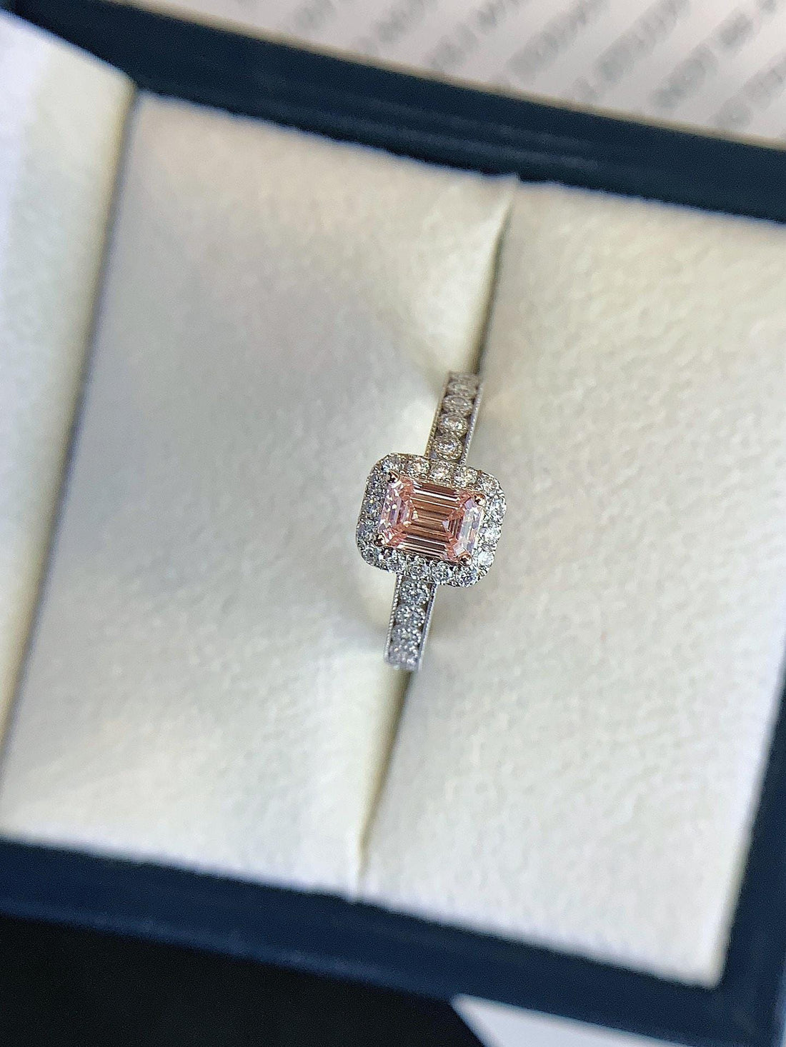 Pink Precision — Emerald Cut Pink Diamond Halo Ring · White Gold