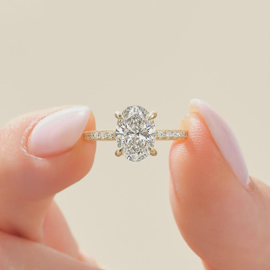 Warm Gold, Brilliant Oval — CVD Diamond Engagement Ring · 14K Yellow Gold Pavé