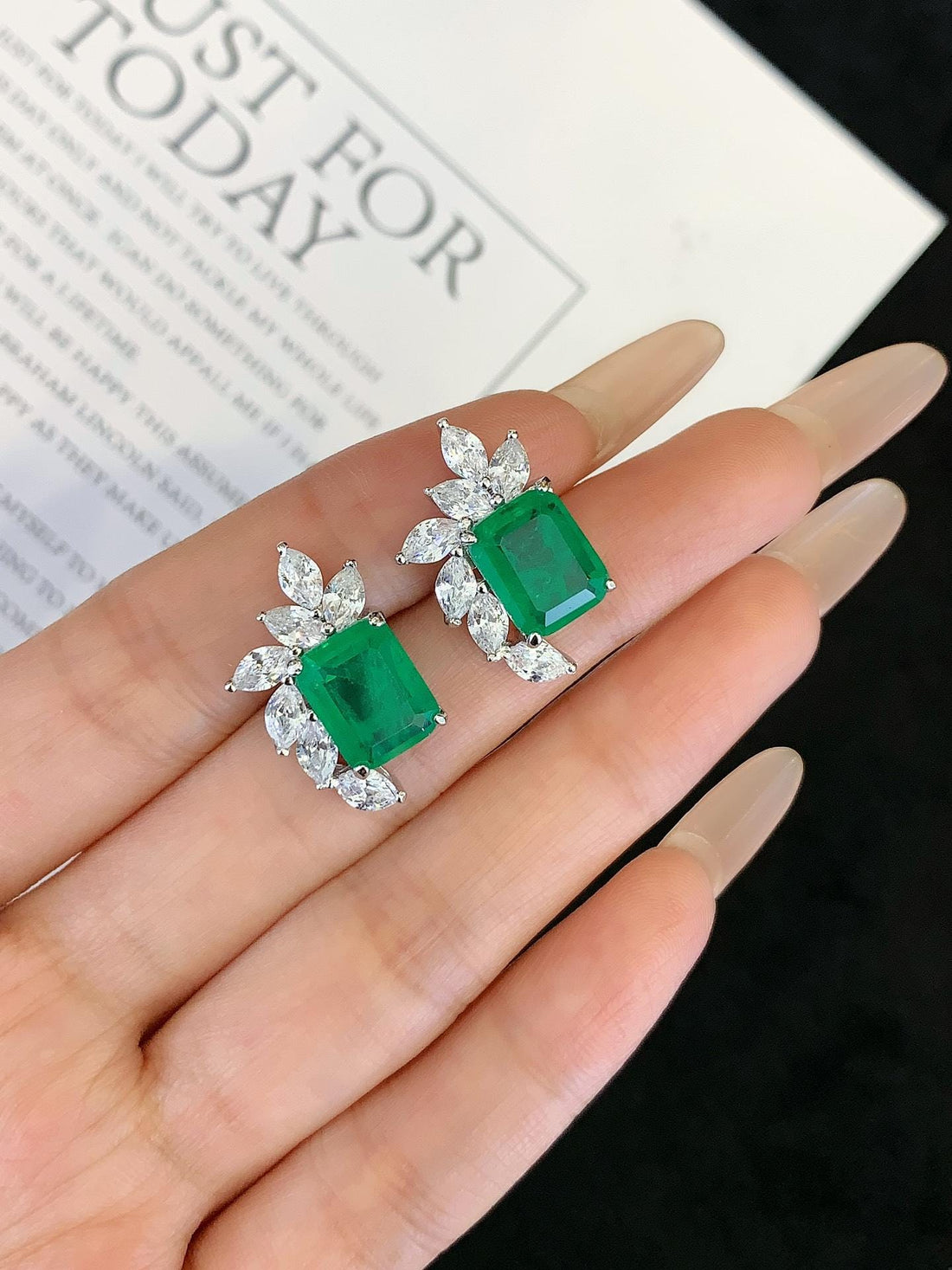 Green at the Altar — Emerald Cut Green Earrings · Marquise Halo, Silver