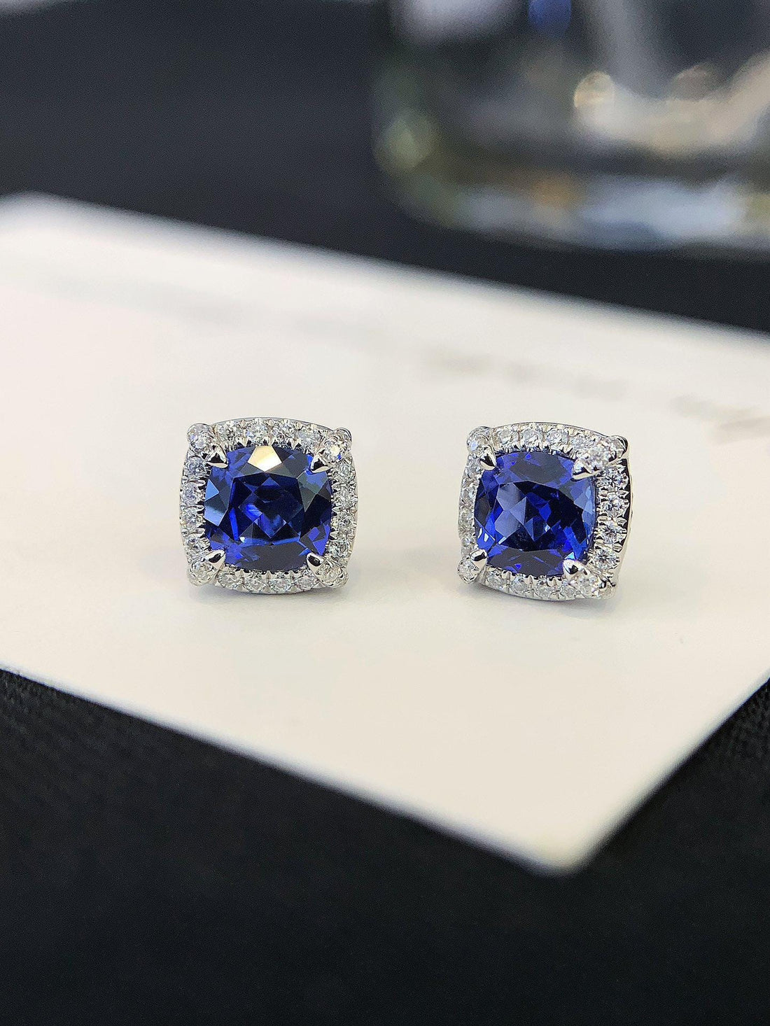Royal Blue, Everyday Wear — Sapphire Diamond Halo Studs · 14K White Gold