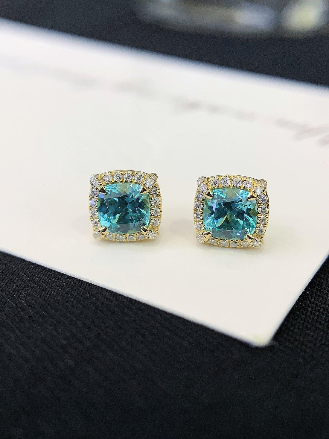 Blue Minimal, Gold Perfect — Cushion Blue Diamond Halo Studs · Gold