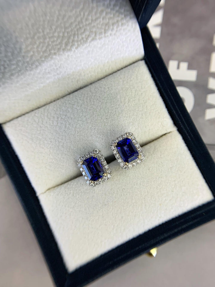 Blue Geometry — Emerald Cut Sapphire Halo Studs · 14K White Gold