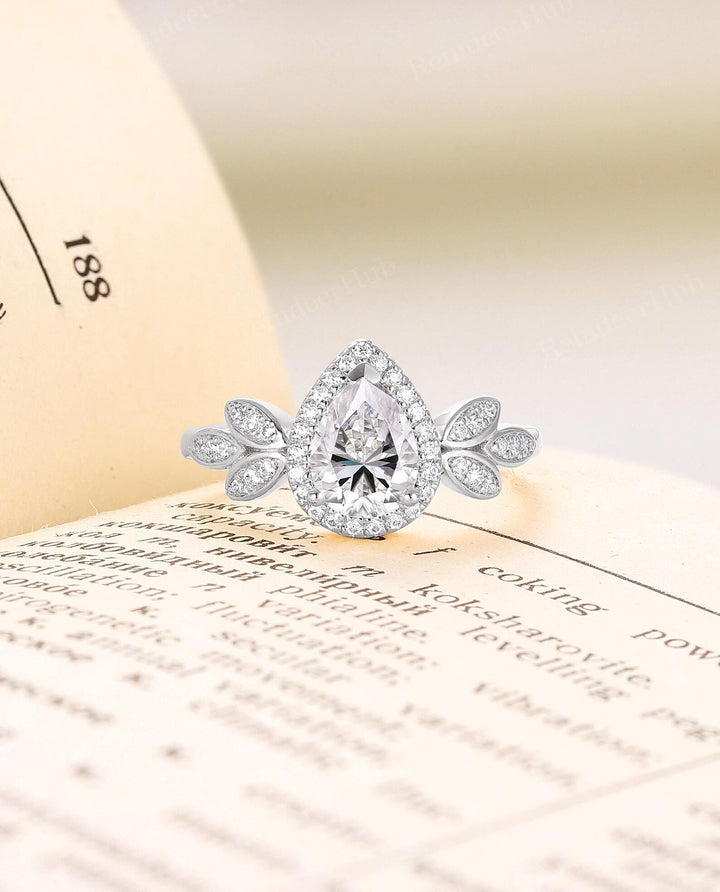 Nature Said Yes — Pear Diamond Leaf Halo Ring · White Gold