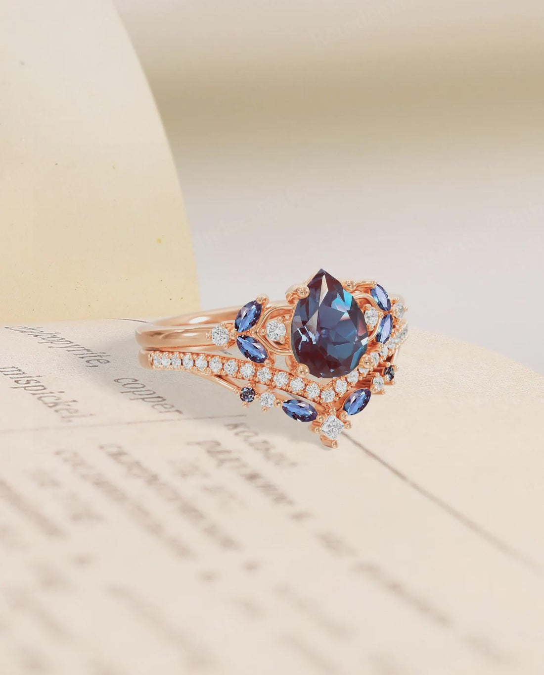 The Set That Tells Two Stories — Pear Alexandrite Bridal Set · Rose Gold