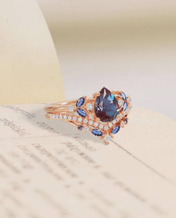The Set That Tells Two Stories — Pear Alexandrite Bridal Set · Rose Gold