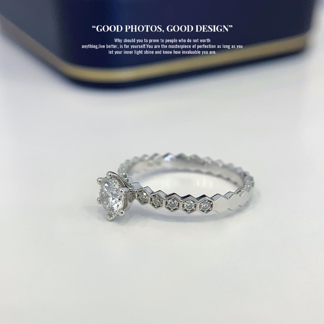 Six Sides of Beautiful — Round Diamond Ring · White Gold Hexagon Side Stone