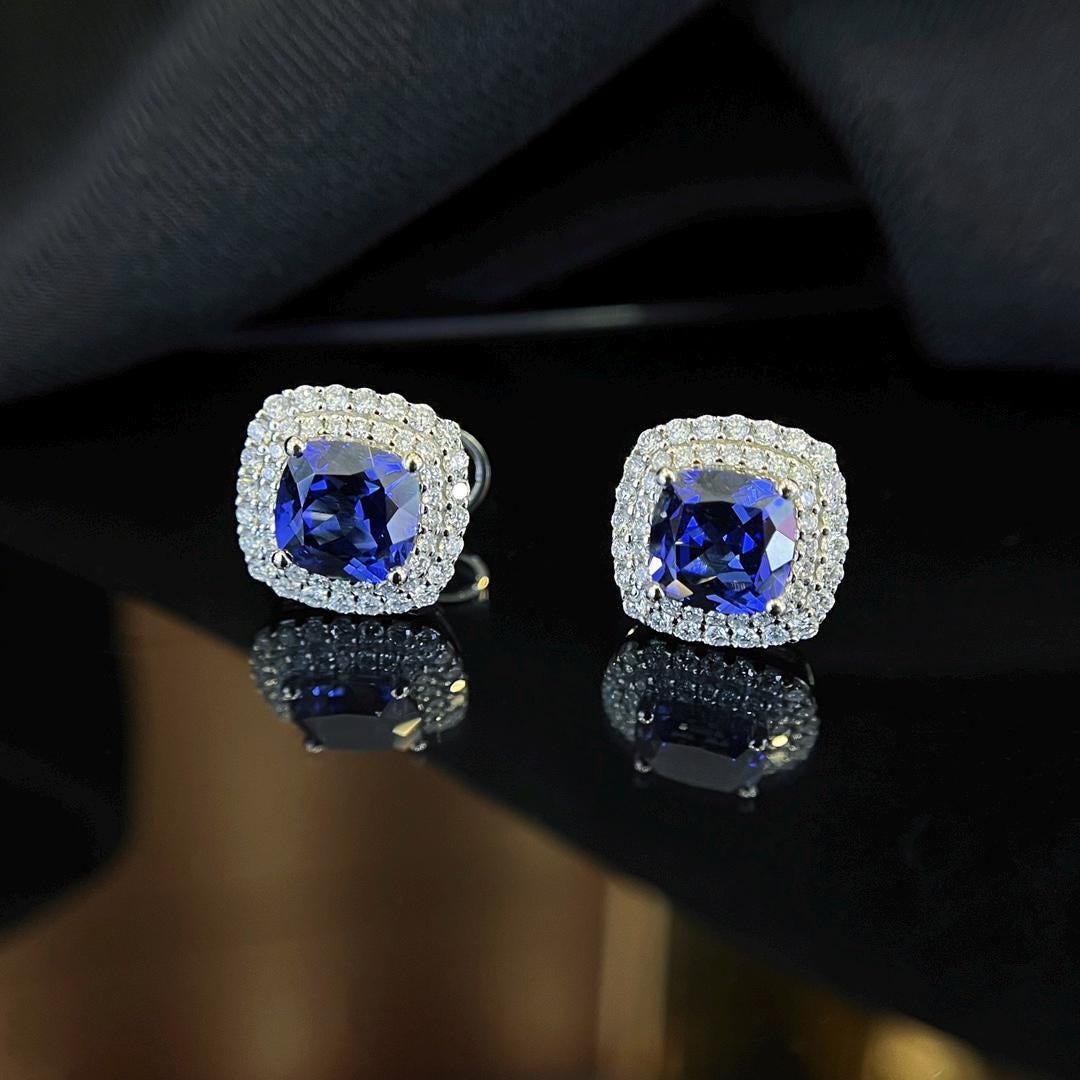 The Blue Cushion — Lab Sapphire Halo Studs · Diamond Accents
