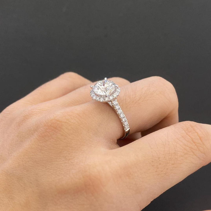 The Full Sparkle — Round Halo Diamond Ring · Pavé Band, White Gold