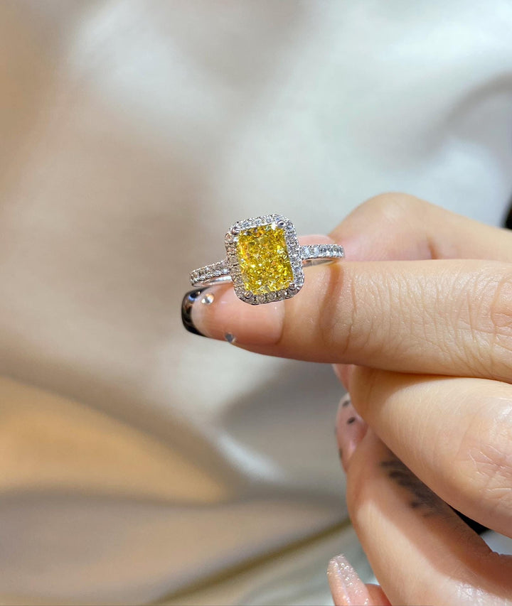 Sunshine, Set in Gold — Cushion Yellow Diamond Halo Ring