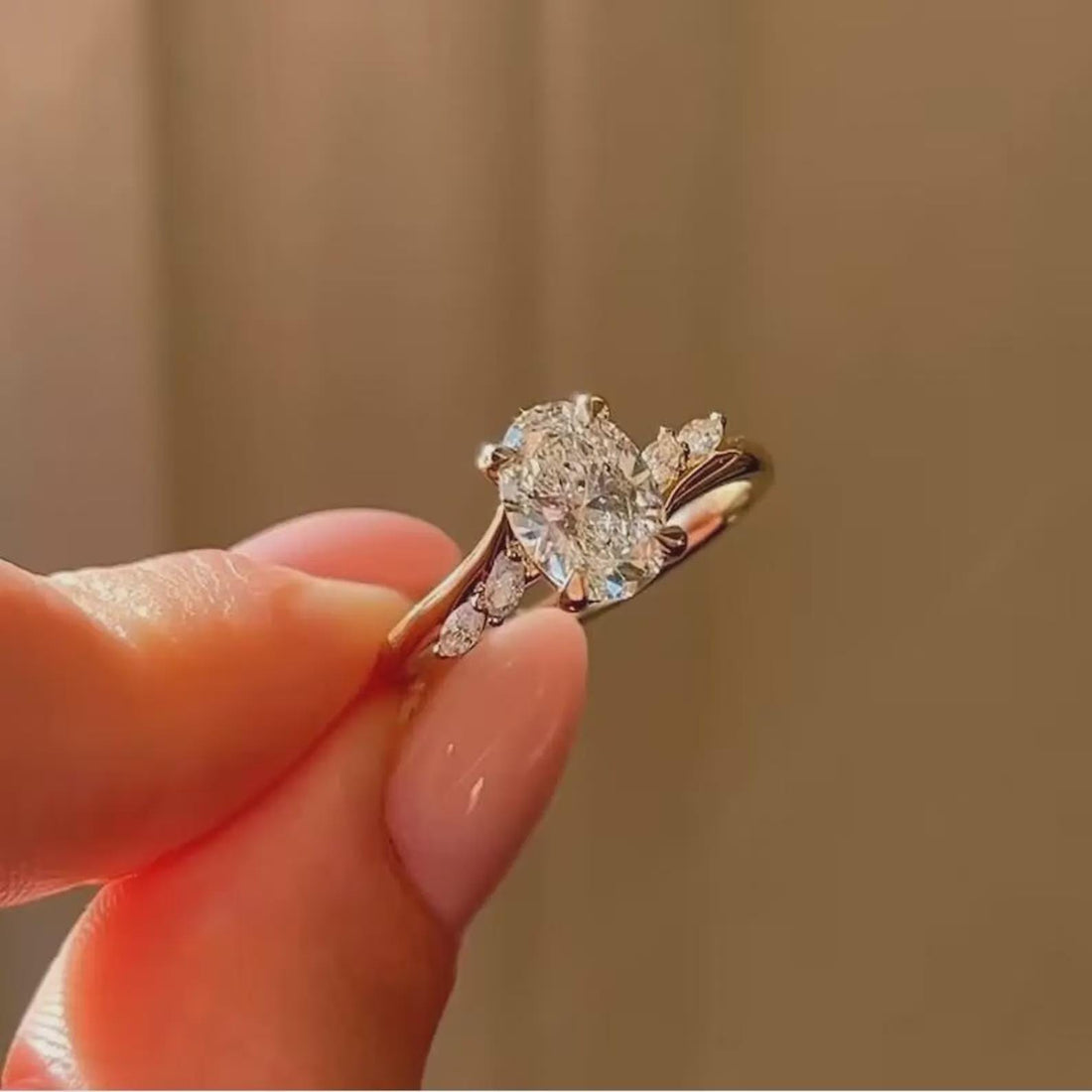Twist of Brilliance — Oval CVD Diamond Ring with Marquise Side Stones