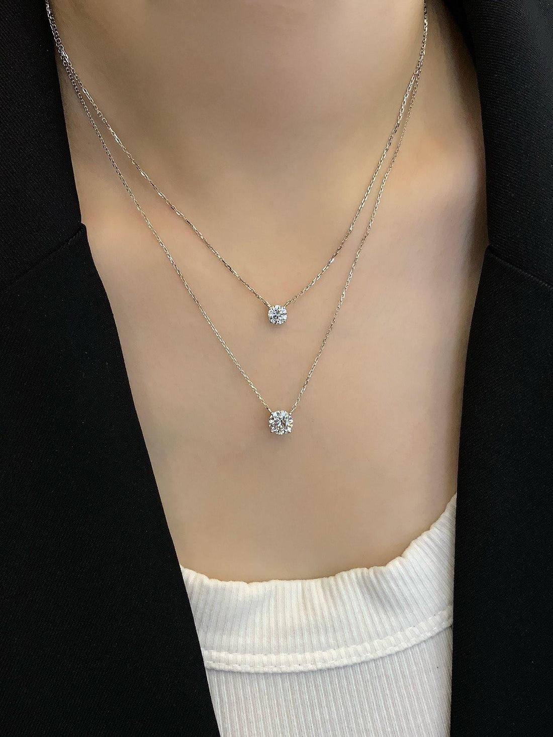 Layer Up in Diamonds — Double Layer Diamond Solitaire Necklace · 925 Silver