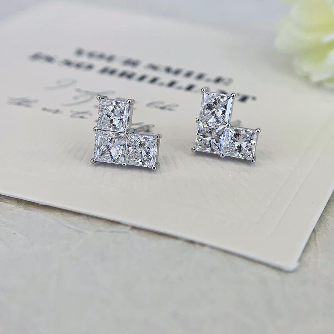 Geometry Meets Glamour — Princess Diamond Cluster Studs · Sterling Silver