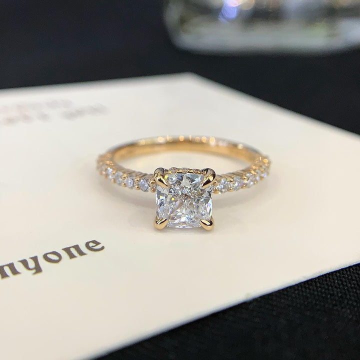 Soft Edges, Maximum Brilliance — Cushion Cut Ring · 14K Gold Pavé Band